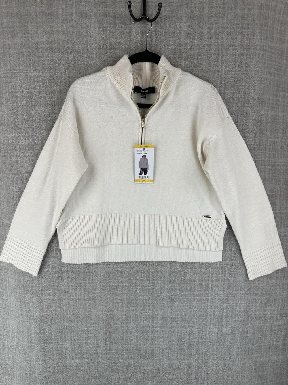 DKNY Sweater Womens M White Mock Neck 1/4 Zip Pullover Chunky-Knit Relaxed Fit